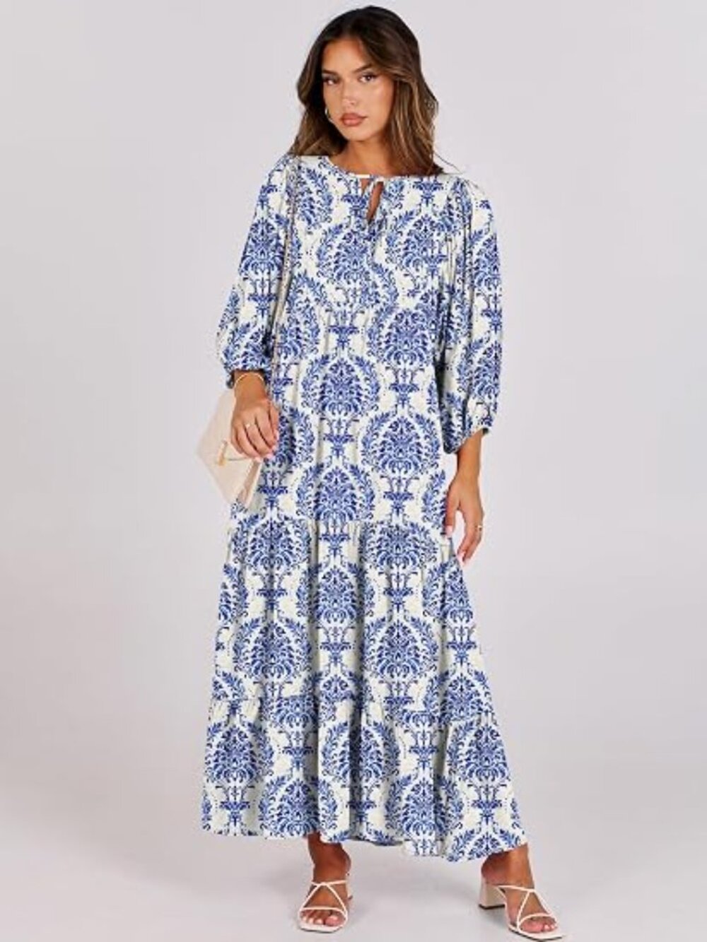Womens Boho Floral 3/4 Puff Sleeve Maxi Dress